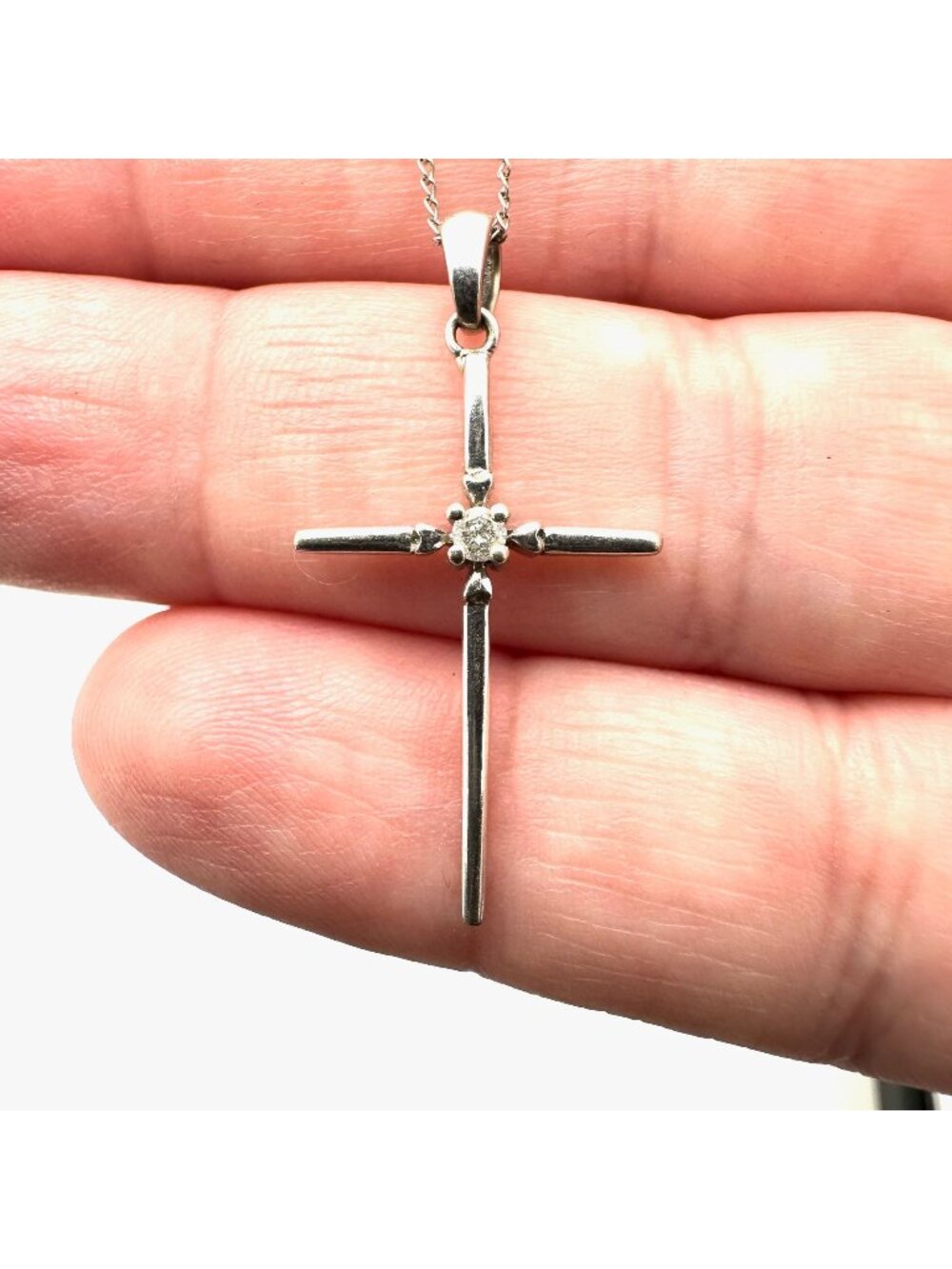 Womens Necklace 14K White Gold White Topaz Cross Pendant Estate Jewelry